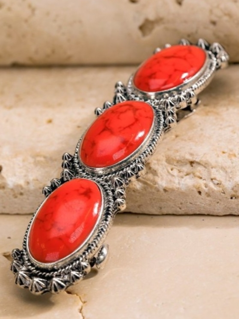 Silver-Tone Brooch with Three Red Cabochon Stones